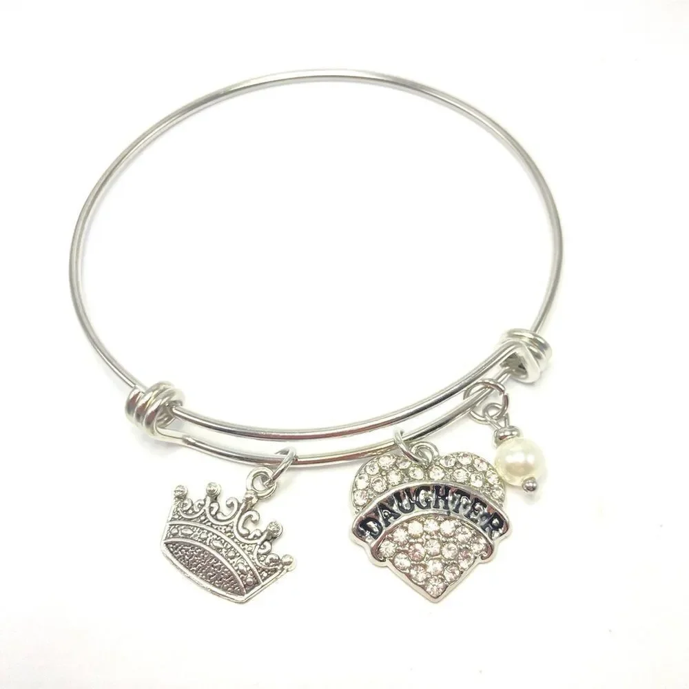 Silver Daughter Heart and Crown Charm Bangle Bracelet